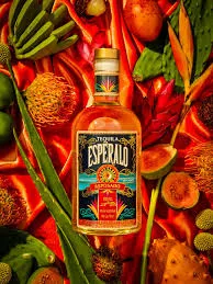 Esperalo Reposado Tequila bottle with colorful label surrounded by red chili peppers and green leaves